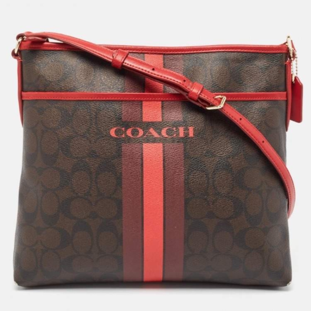 Coach Signature Brown and Red Crossbody Bag with Monogram Canvas